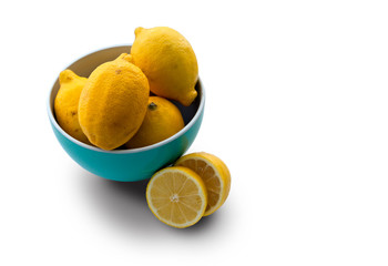 Lemons in bowl with copy space	
