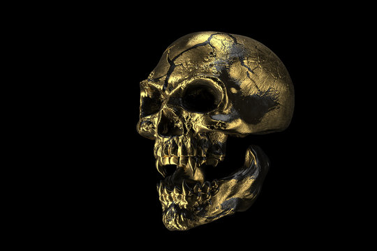 Golden skull isolated on black background. The demonic skull of a vampire. Scary skilleton face for Halloween. Dead vampire, skull with vampire fangs. 3d rendering.