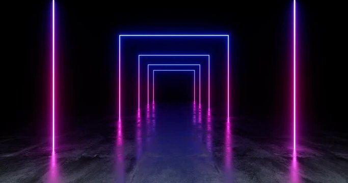 Rotating Loopable Rectangle Shaped Neon Fluorescent Retro Laser Led Show Stage Vibrant Blue Purple Glowing Lights In Underground Hall Grunge Concrete Glossy Cement Garage Tunnel