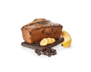 Tasty banana bread on white background