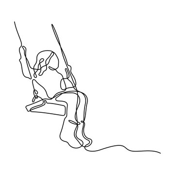 Girl on swing continuous line vector illustration