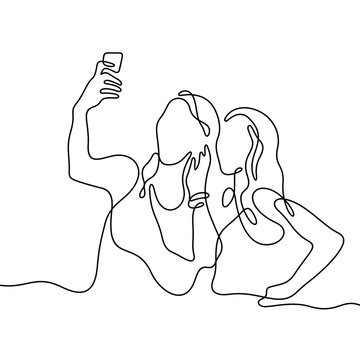Girls making selfie continuous line vector illustration