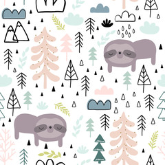 Cute seamless magic forest pattern for kids, baby apparel, fabric, textile, wallpaper, bedding, swaddles with unicorn, Scandinavian style for clothes, swaddles, apparel, planner, sticker