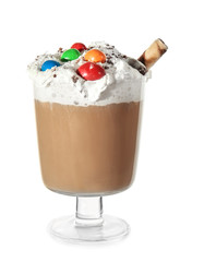 Glass of tasty frappe coffee on white background