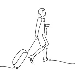Traveling woman with suitcase continuous line vector illustration