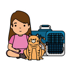 cute little girl with kitty in transport box © Gstudio