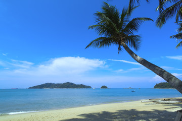 Sunny beach with palm trees and turquoise sea in Pangkor island, Malaysia.