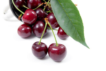 White cup with red sweet cherry isolated on a white background..