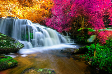 Amazing in nature, beautiful waterfall at colorful autumn forest in fall season