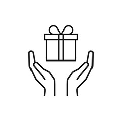 Black isolated outline icon of gift box in open hands on white background. Line icon of gift box and two hands. Give, make a present.