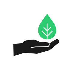 Isolated icon of green plant in black hand on white background. Silhouette of leaf and hand. Symbol of care, protection, charity. Flat design.