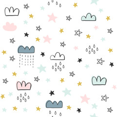 Cute seamless pattern for kids, baby apparel, fabric, textile, wallpaper, bedding, swaddles with stars, clouds, hearts, moon