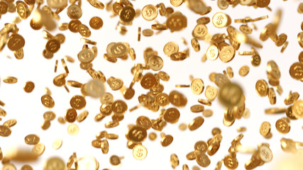 Golden coins rain, Falling coins, falling money, flying gold coins. Isolated on white background.