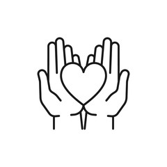 Black isolated outline icon of heart in hands on white background. Line icon of heart and two hands. Symbol of care, love, charity.