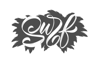 Handwritten textured brush lettering of Surf on palm leaves background. Surfing T shirt design.