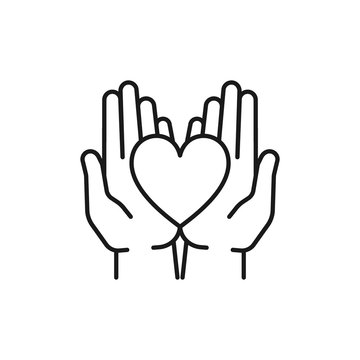 Black Isolated Outline Icon Of Heart In Hands On White Background. Line Icon Of Heart And Two Hands. Symbol Of Care, Love, Charity.