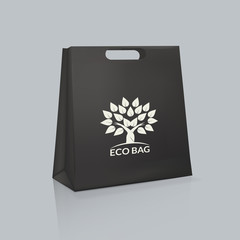 Mockup of realistic black paper bag with logotype. Corporate packaging.