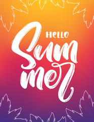 Handwritten type lettering of Summer with palm leaves on colorful blurred background