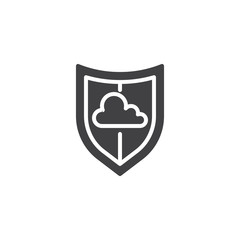 Cloud Computing protection vector icon. filled flat sign for mobile concept and web design. Shield with cloud glyph icon. Database security symbol, logo illustration. Pixel perfect vector graphics