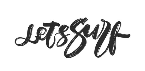 Handwritten brush type lettering of Let's Surf on white background.