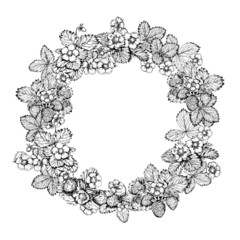 Decorative vintage round frame with hand drawn strawberries.