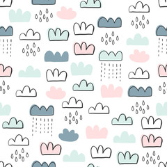 Cute seamless pattern for kids, baby apparel, fabric, textile, wallpaper, bedding, swaddles with stars, clouds, hearts, moon