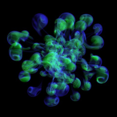 3D render of the colorful ink in a liquid against the black background
