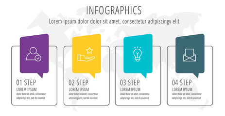 Modern line flat vector illustration. Label infographic template with four elements and icons. Designed for business, presentations, workflow layout, education and 4 step diagrams