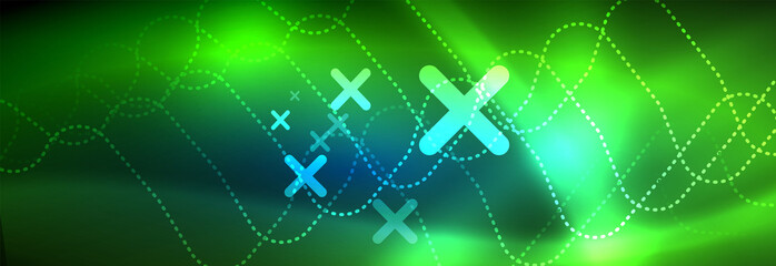 Neon glowing techno lines, hi-tech futuristic abstract background template with square shapes