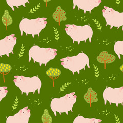 Vector flat seamless pattern with hand drawn cute farm domestic pig animals, trees plant elements isolated on green background. For packaging paper, cards, wallpapers, gift tags, nursery decor etc.