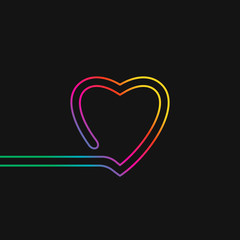 One line drawing of heart, Rainbow colors on black background vector minimalistic linear illustration of love concept made of continuous line