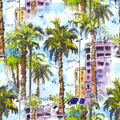 vector Seamless pattern. Downtown with street and buildings of Miami City in Florida, USA. Watercolor splash with hand drawn sketch illustration. retro colorful watercolor silhouettes of palm trees. - 260691786
