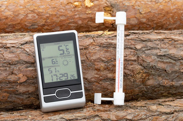 home weather station and thermometer on the street on the background of logs