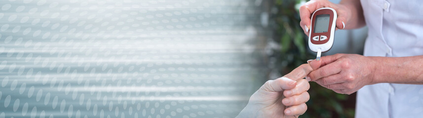 Blood sugar level checking. panoramic banner