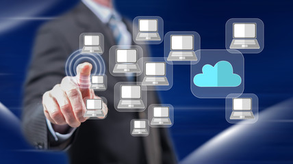 Man touching a cloud computing concept