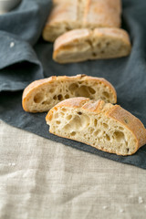 Slices of freshly baked traditional italian bread ciabatta