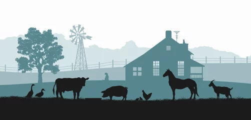 Foto op Canvas Silhouetten van landbouwhuisdieren. Landelijk landschap met koe, paard en varken. Dorpspanorama voor poster. Boerenhuis en vee © shaineast