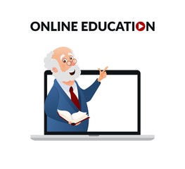 Online courses, webinars, educational lessons. Teacher points from laptop. Isolated vector illustration