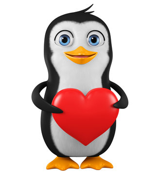 Cartoon penguin character holds big heart. 3d rendering. Illustration for advertising.
