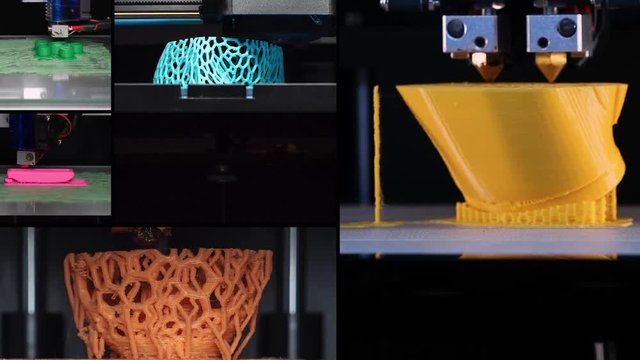3d printing various models, view of multiple screens, the process of printing the hand, heart model, female body and toys on 3d printer. Accelerated video on video collage.