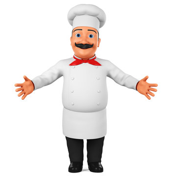 Cartoon chef character is greeting on a white background. 3d rendering. Illustration for advertising.