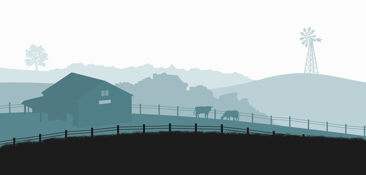 Silhouettes of farm landscape. Rural panorama of runch with cow on meadow. Village scenery for poster. Farmer house and livestock