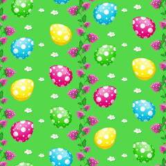 Seamless vector easter pattern with colored eggs and flowers.