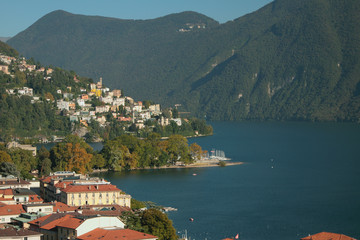 Obraz premium City, lake and mountains. Lugano, Switzerland