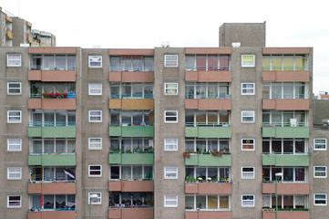 Facade of a residential building in the district of Gesundbrunnen, Berlin, Germany.