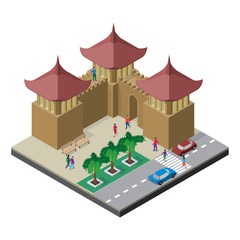 Fortress wall, benches, trees, roadway, cars and people. Cityscape in isometric view.