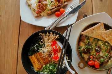 healthy breakfast table with toasted sandwich