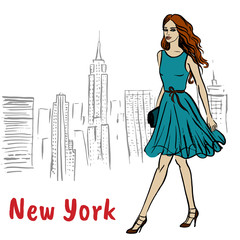 Woman walking in New York, USA. Fashion illustration