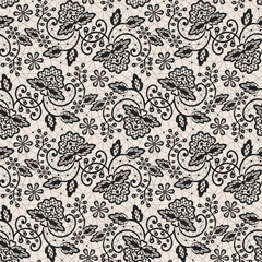 Seamless black lace background with floral pattern