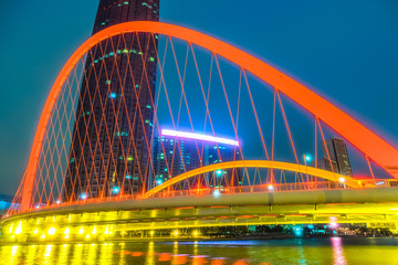 Fototapeta na wymiar Tianjin Hai river waterfront downtown skyline with illuminated Dagu bridge,China